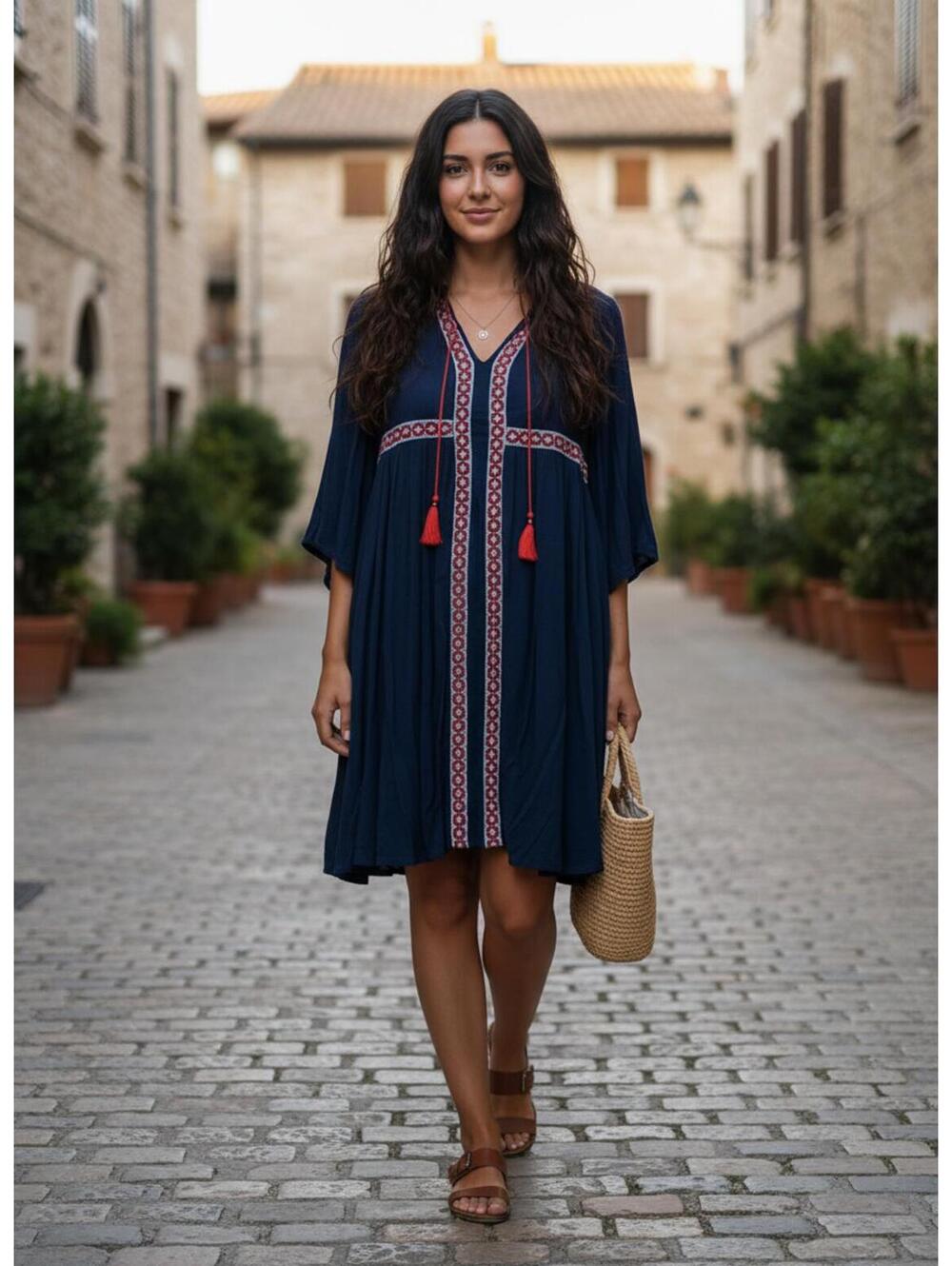 Old Navy Navy Blue Boho Embroidered Tassel Dress Size S